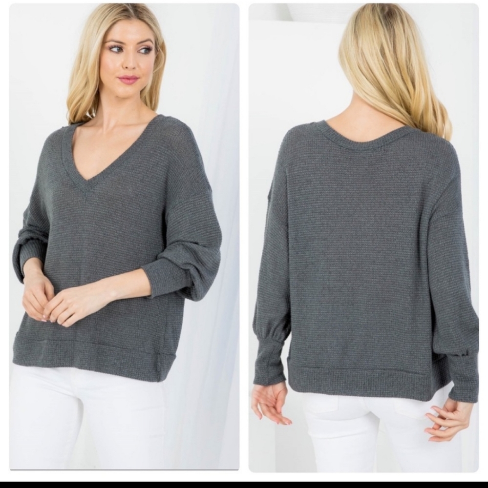 Charcoal V Neck Cuffed sleeve waffle top